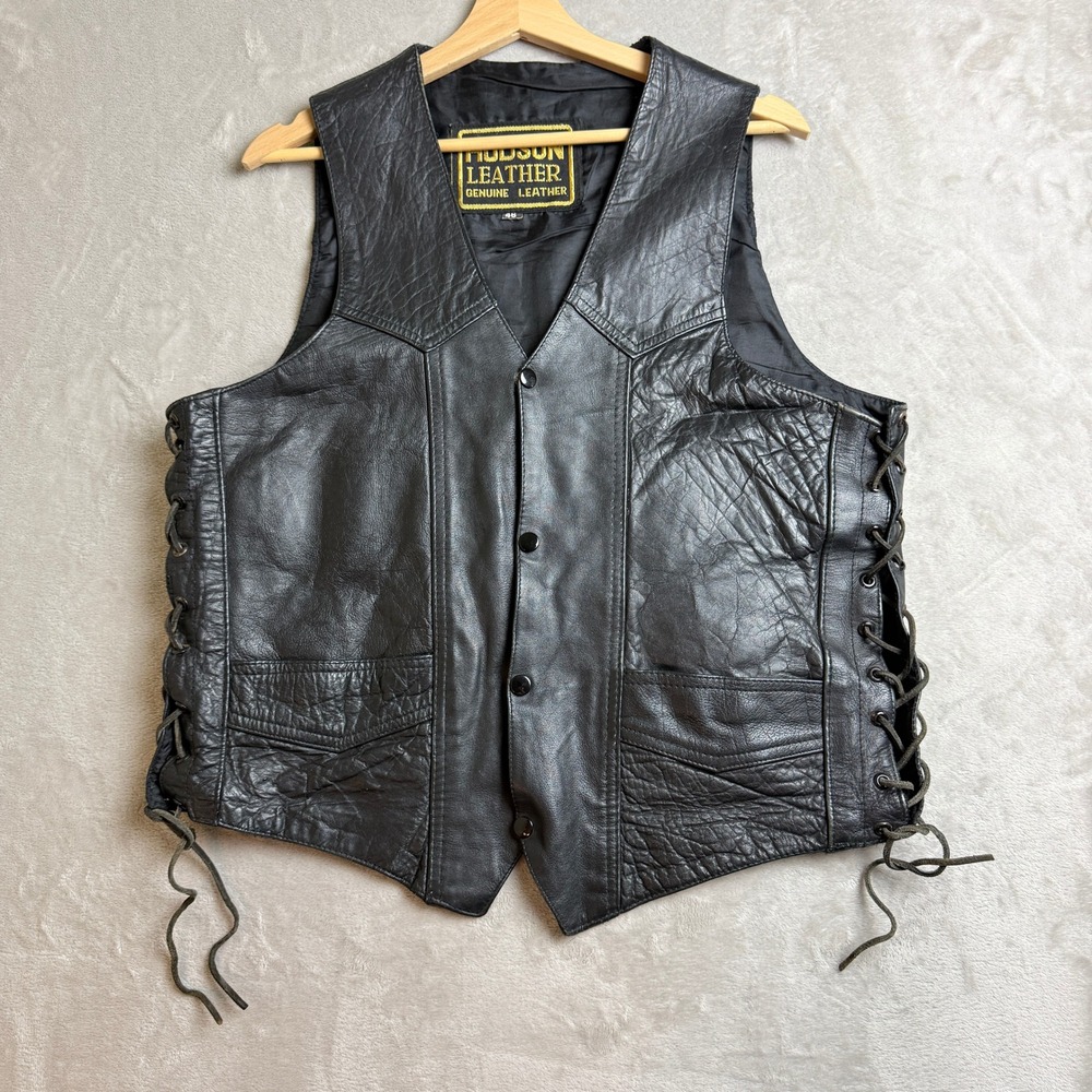 VTG Hudson Leather Vest Mens 46 Black Side Lace Snap Genuine Leather Biker Rock